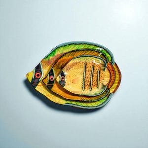 Assiettes à poisson laquées vintage – Lot de 3 assiettes tropicales vibrantes (6 po. 8 po. 10.25 po.)