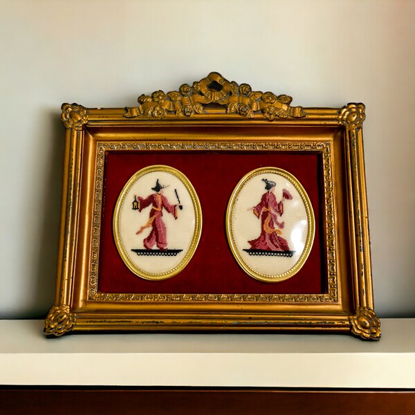 Gold Framed Needlepoint Asian Man and Woman | Vintage Red Velvet Petit Point