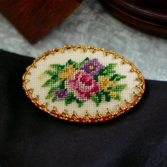 Vintage Needlepoint Flower Brooch | Petit Point F… - image 1