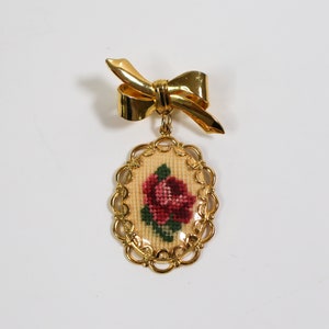 Vintage Needlepoint Flower Pin Petit Point Rose Dangle Brooch image 4