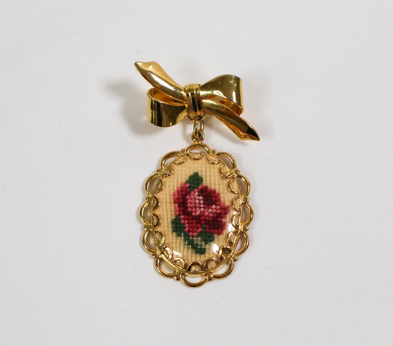 Vintage Needlepoint Flower Pin Petit Point Rose Dangle Brooch image 4