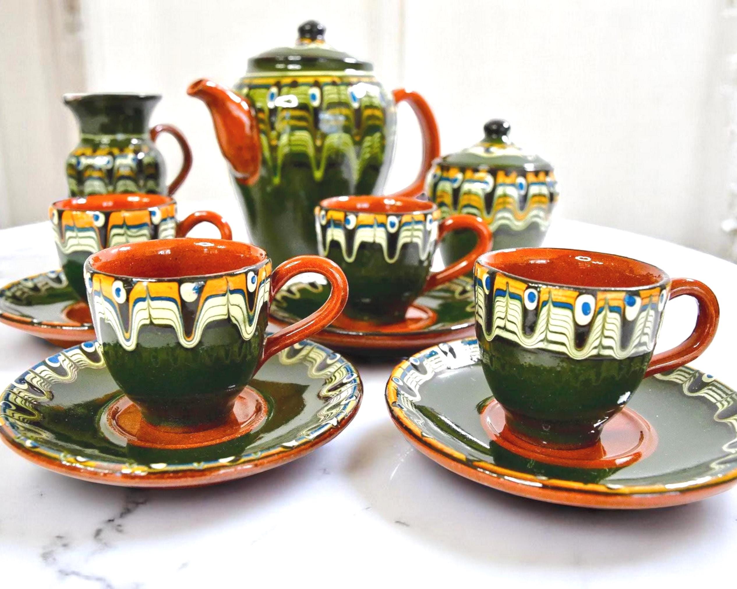 Vintage Bulgarian Troyan Pottery Tea Set, Peacock Eye Redware - Etsy