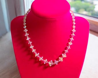 Collier Ancien Double Rang Perles Cristal - Effet Aurore Boréale Rose | Bijou Vintage Parfait état