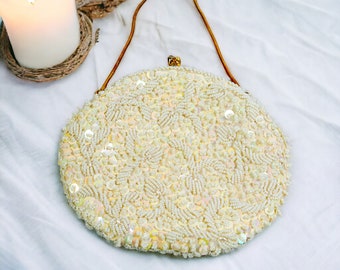 Vintage Beaded Purse by GOLDCO | White Iridescent Pastel Glass and Sequin Beads | Wedding Formal Evening Bag