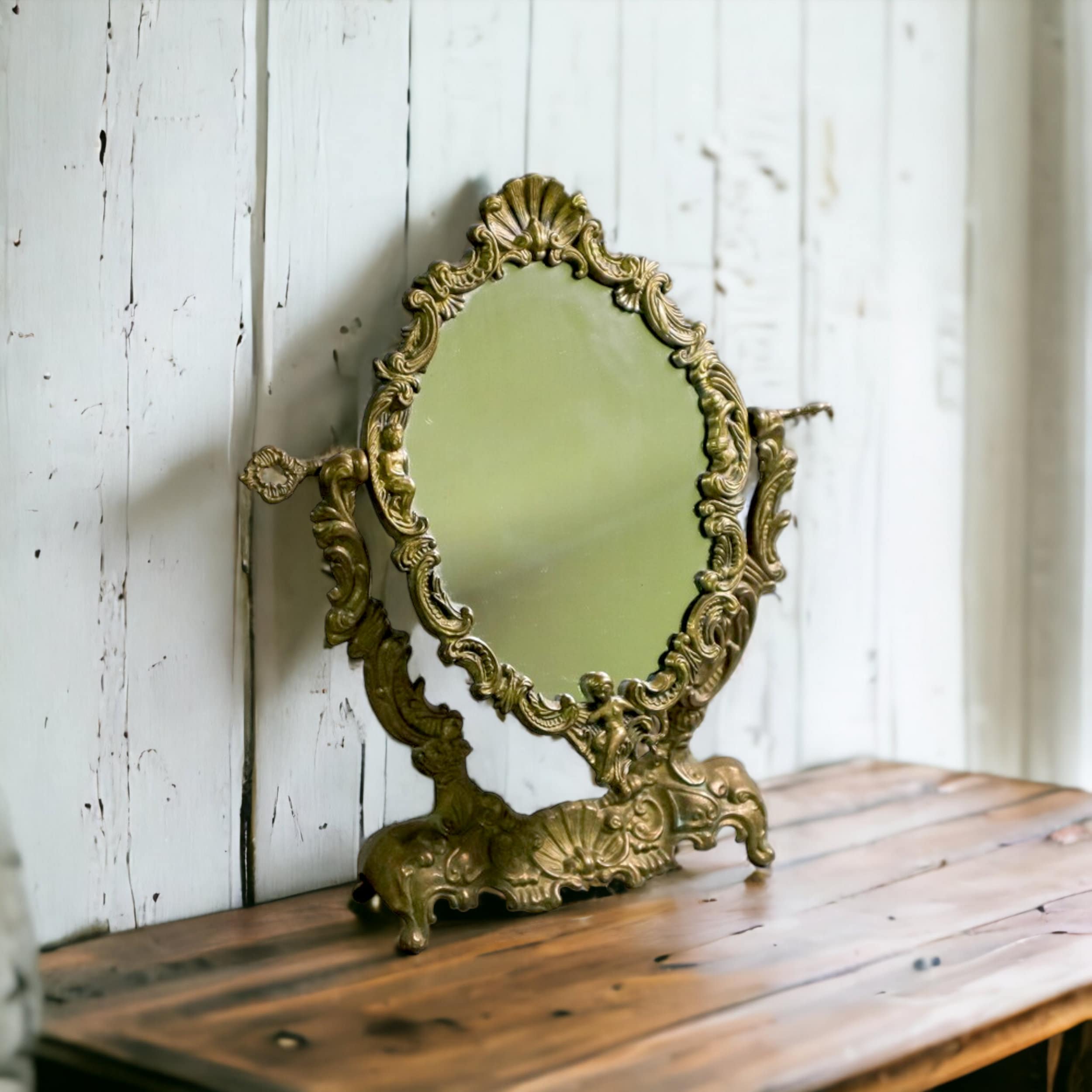 Ornate Vintage Brass Vanity Mirror Swivel Mirror With Cherub 