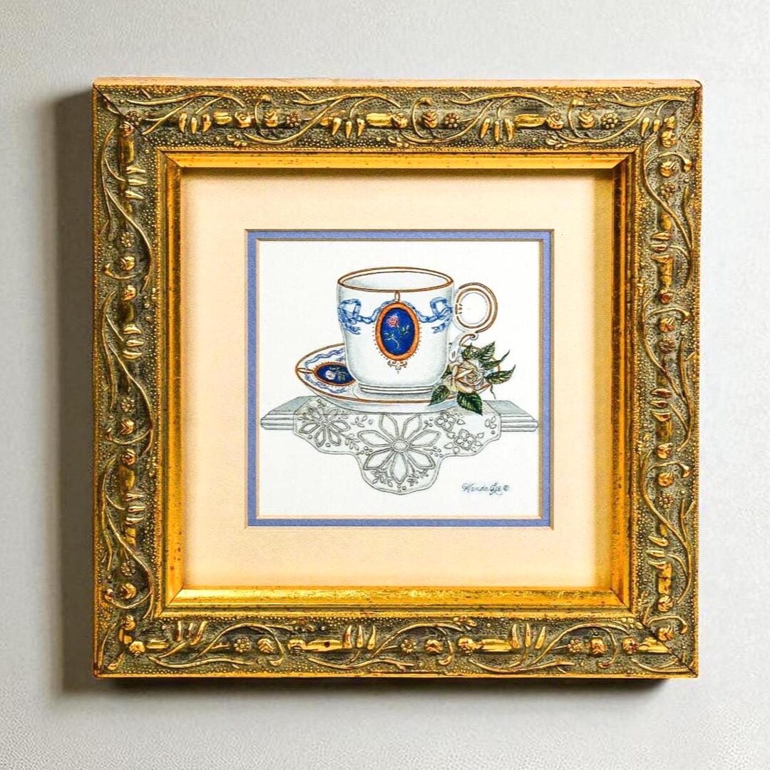 Vintage Wanda Lee Framed Print, Victorian Teacup Art, Ornate Gold