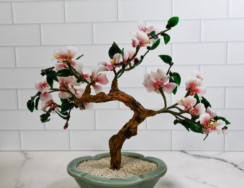 Vintage Pink Glass Blossom Oriental Jade Tree in Ceramic Pot Decorative Bonsai Sculpture image 8
