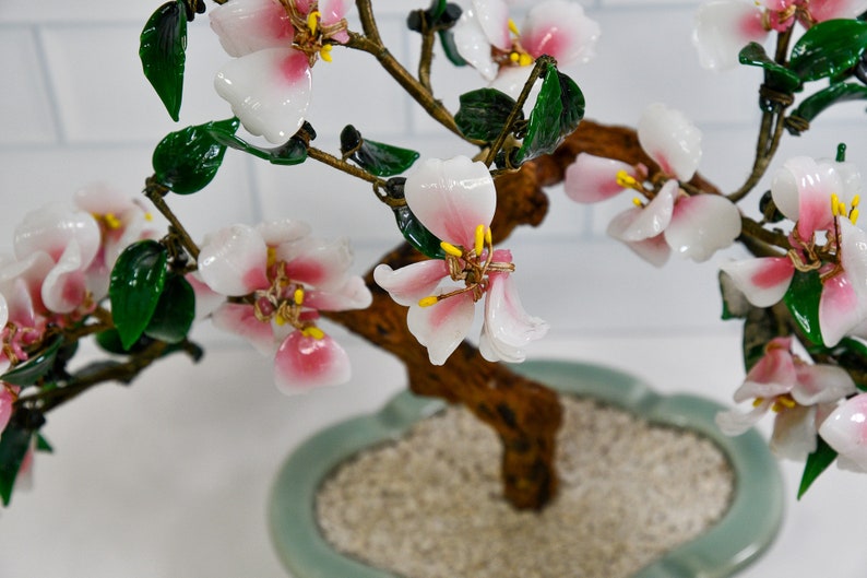 Vintage Pink Glass Blossom Oriental Jade Tree in Ceramic Pot Decorative Bonsai Sculpture image 7