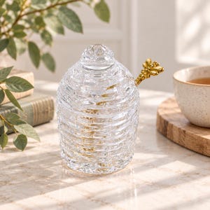 Vintage Crystal Beehive Honey Jar with Gold Tone Bee Spoon Glass Honey Pot
