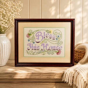 Framed Needlepoint Bless This House Wall Art, Floral Cross Stitch