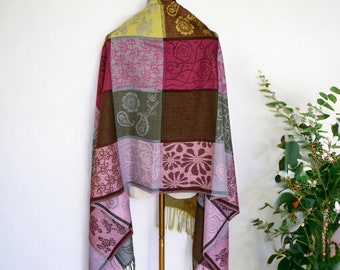 Pashmina Silk Scarf | Shawl Evening Wrap | Patchwork Paisley Floral with Fringe