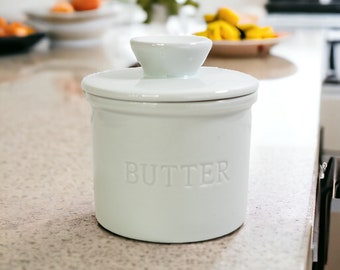 French Butter Dish | Butter Crock | White Pottery Ceramic Butter Jar