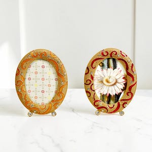 Set of 2 Gold Enamel Frames, Rhinestone Accent, Oval Tabletop Display