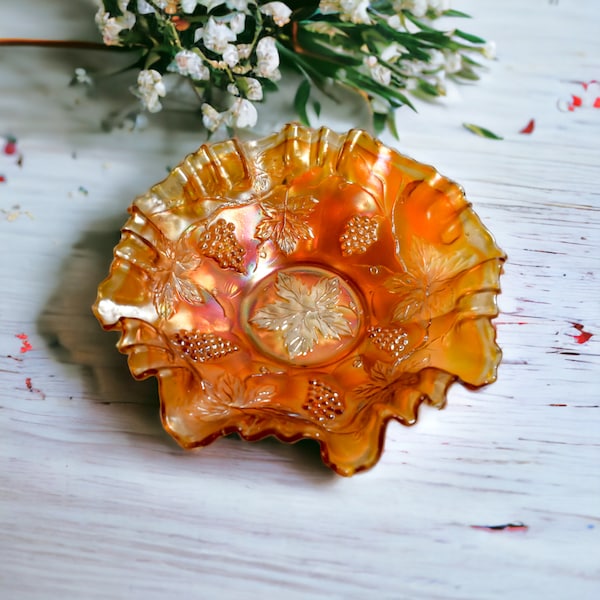 Antique Fenton Carnival Glass Marigold Iridescent Glass Bowl with Ruffled Edge, Grape Grapevine Leaf Pattern