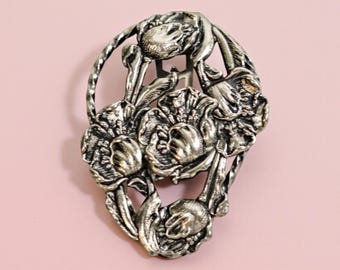 Vintage Floral Dress Clip, Silver Tone Tulip Brooch, Art Nouveau Style Fur Clip