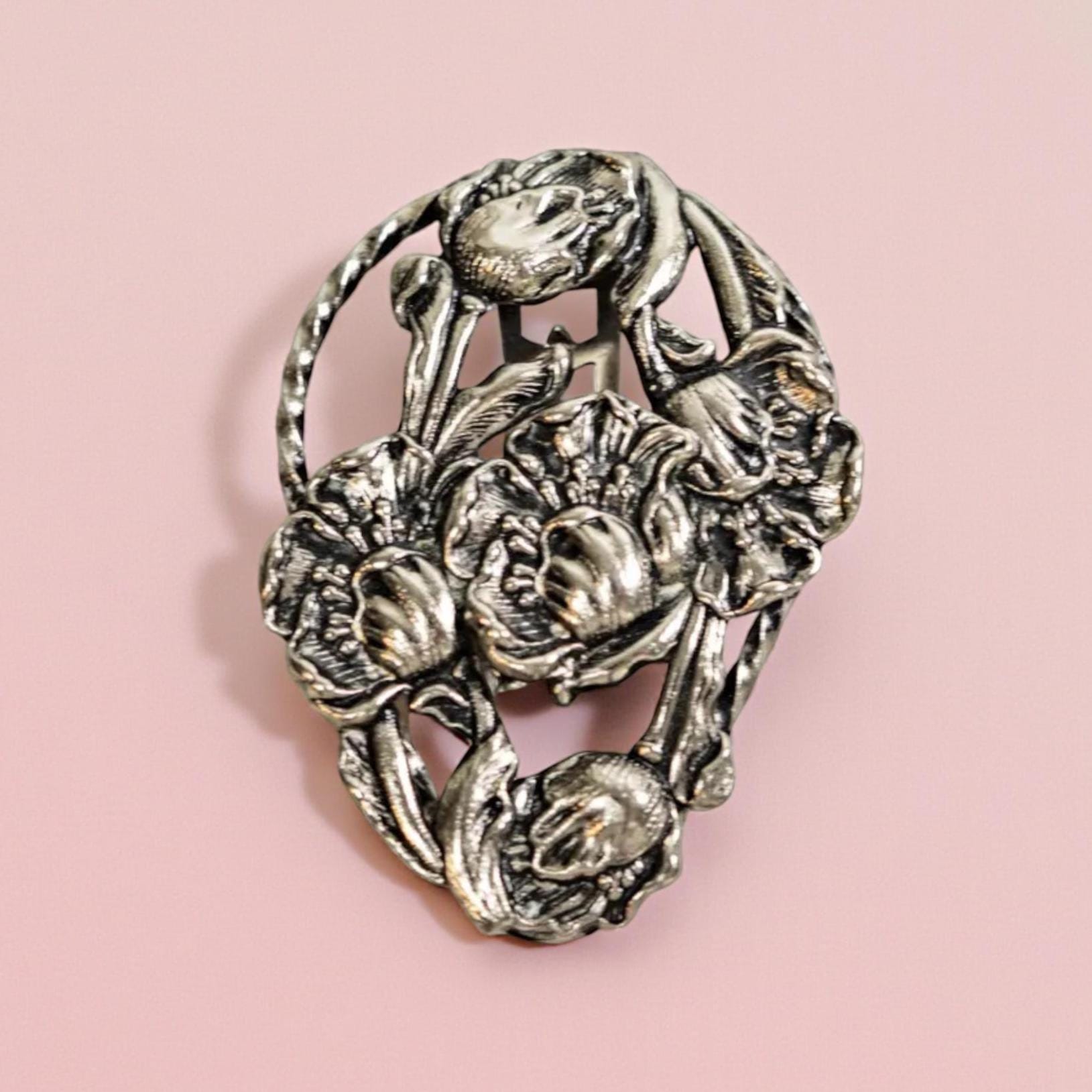 【天使と薔薇のミラー】【シルバープレート】Art Nouveau Vintage Floral Dress Clip, Silver Tone Tulip Brooch, Art Nouveau