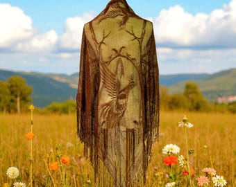Vintage Brown Lace Triangle Shawl with Bird Pattern and Fringe Trim
