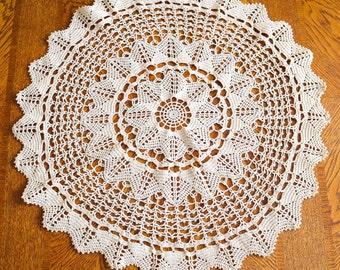 Crocheted Round Doily | Vintage Cream Crochet Doily Table Centerpiece