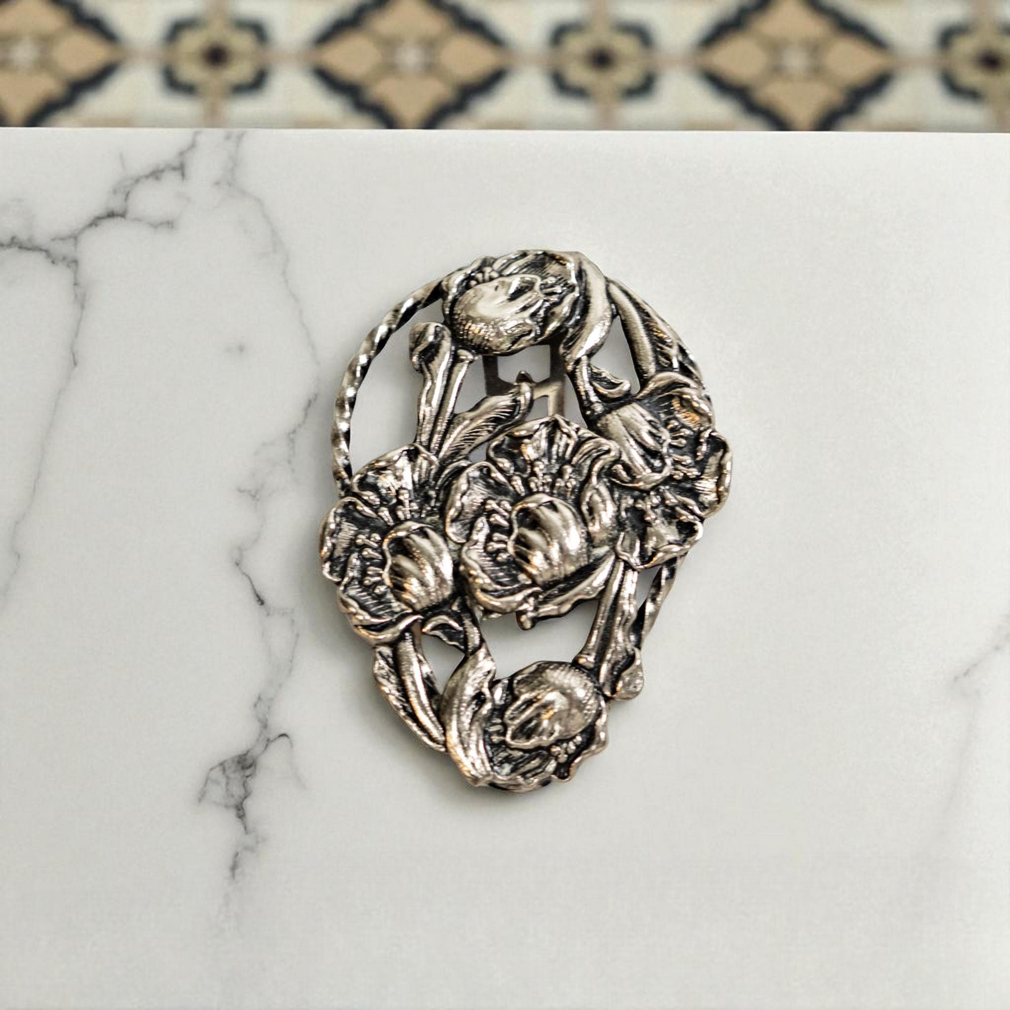 Vintage Floral Dress Clip, Silver Tone Tulip Brooch, Art Nouveau