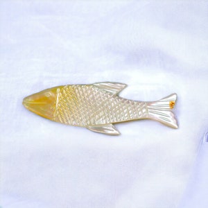 Hand Carved Mother of Pearl Shell Brooch | Vintage Fish Seashell Carving Pin