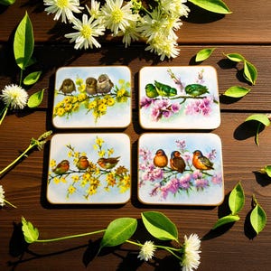 Vintage Bird Floral Cork-Backed Table Mats – Set of 4