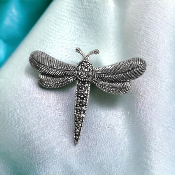 Vintage Sterling Silver Dragonfly Brooch | 925 Marcasite Pin