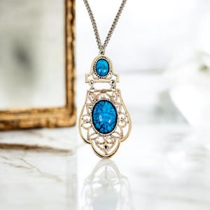 Vintage Silver Tone Necklace with Faux Turquoise Pendant | 24" Chain with Ornate Filigree Design