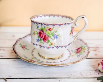 Royal Albert Porcelain Teacup | Vintage Chintz Tea Cup and Saucer | Bone China | Petit Point Pattern