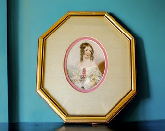 Vintage Illustration Wall Hanging | Victorian Lady Portrait | Gold Wood Framed