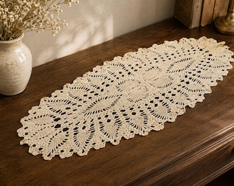 Vintage Crocheted Table Runner Cream Beige Lace Doily 28.5 Inch Handmade