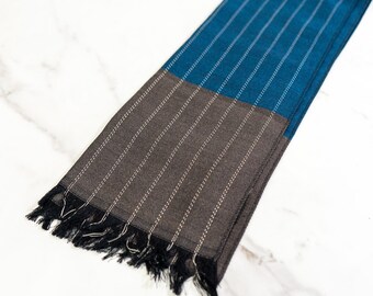 Vintage Italian Wool and Silk Scarf | Blue and Charcoal with White Pinstripe and Fringed Ends