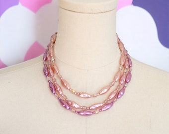 Vintage Pink Pearl Glass Bead Necklace | Mid Century Triple Strand Beaded Necklace