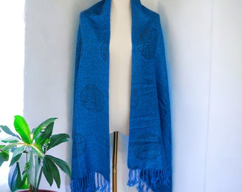 Pashmina Silk Scarf | Shawl Evening Wrap | Blue Asian Symbol with Fringe