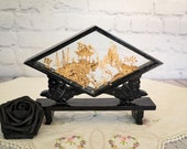 Carved Cork Bamboo Art Sculpture Vintage Black Lacquer Wood Glass Shadow Box Diorama Trees Pagoda and Paper Birds
