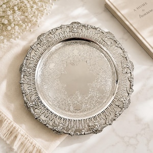 Birks Silver Plate Tray, Etched Center, Pierced Grape Border