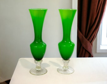 Set of 2 Vintage Green Empoli Glass Vases