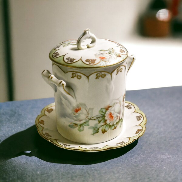 Antique Condensed Milk Container | Vintage Ceramic Jar with Lid and Saucer Set