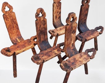 Chaises d'accouchement en bois brutalistes espagnoles originales à trois pieds en très bon état