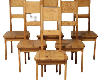 6 dining chairs by ROLAND WILHELMSSON, with high backrest made of solid pine, Sweden, 1960s (original trademark plate),