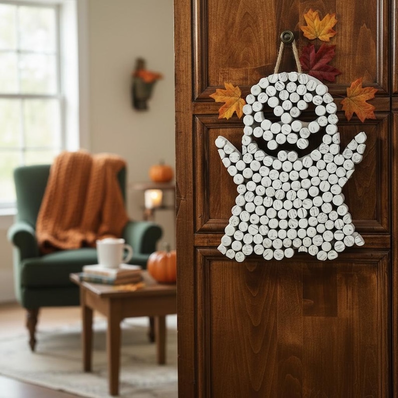 Puede incluir: Un adorno de pared con forma de fantasma construido con numerosos corchos de vino blancos dispuestos en un patr&oacute;n. El fantasma presenta una boca ancha y dentada y dos ojos, con tres hojas de arce oto&ntilde;ales artificiales en naranja y rojo.