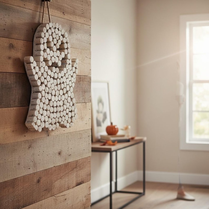 Puede incluir: Una decoraci&oacute;n de pared con forma de fantasma, construida con numerosos corchos de vino cil&iacute;ndricos de color marr&oacute;n claro dispuestos en un patr&oacute;n denso. La figura del fantasma presenta dos ojos circulares oscuros y una boca peque&ntilde;a, colgada de una cuerda de yute.