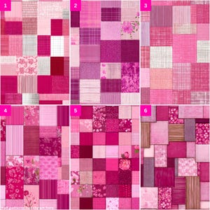 Pode incluir: Cole&ccedil;&atilde;o de seis designs de tecido patchwork rosa. Cada design apresenta uma disposi&ccedil;&atilde;o &uacute;nica de quadrados e ret&acirc;ngulos em v&aacute;rios tons de rosa, com padr&otilde;es florais, listrados e texturizados. Adequado para projetos de quilting ou artesanato.