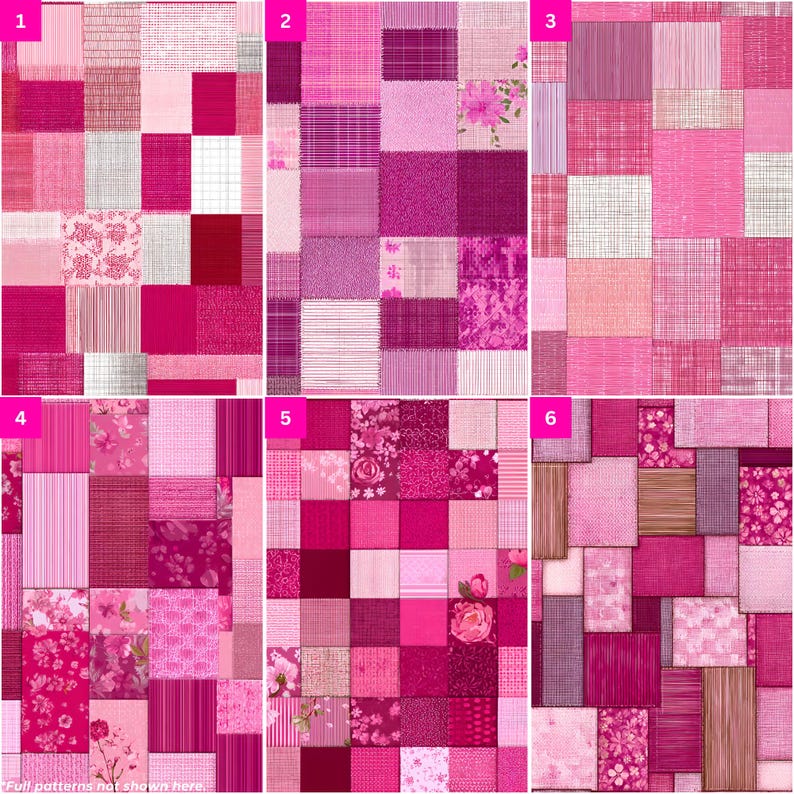 Pode incluir: Cole&ccedil;&atilde;o de seis designs de tecido patchwork rosa. Cada design apresenta uma disposi&ccedil;&atilde;o &uacute;nica de quadrados e ret&acirc;ngulos em v&aacute;rios tons de rosa, com padr&otilde;es florais, listrados e texturizados. Adequado para projetos de quilting ou artesanato.