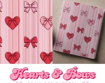 Pink Valentines Day Seamless Pattern png | Repeating Heart and Bow Design | Digital Download
