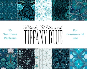 10 Black, White and Tiffany Blue Seamless Patterns | Repeating Pattern Designs | Digital Download
