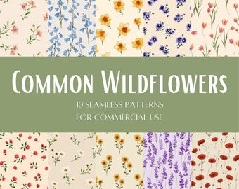 10 Common Wildflower Artsie Floral Seamless Patterns | Repeating Flower Designs | Digital Download