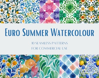 10 Euro Summer Seamless Patterns | Repeating Artsy Lemon and Floral Designs | Digital Download