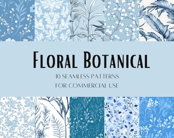 10 Blue and White Floral Botanical Seamless Patterns | Repeating Flower Designs | Digital Download