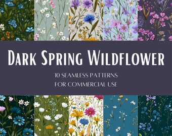 10 Dark Spring Wildflower Seamless Patterns | Repeating Artsy Flower and Floral Designs | Digital Download