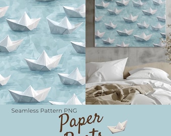 Blue and White Paper Boats Seamless Pattern png | Repeating Paper Boat Design | Digital Download